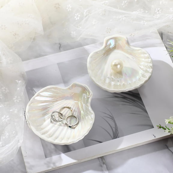 8 Pcs Shell Ring Dish Ceramic Jewelry Trinket Dish Tray Seashell Ring Key Holder Bowl Beach Room Coastal Plate Decor for Home Bathroom Counter(White)