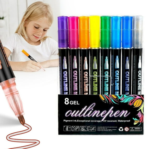 8 Pcs Shimmer Marker Set, 2026 Outline Marker Set, Glitter Gel Double Line Outline Pen Sparkle Markers Colorful Art Pens for Scrapbooking, Coloring and Greeting Black