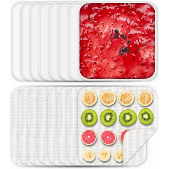 8 Pcs Silicone Food Dehydrator-Trays with Edge, 8 Pcs Mesh Dryer Mats,Reusable Non Stick Silicone Dehydrator Sheets (11x 11in) for Liquids,Fruit Leather,Herbs,Meat and Yogurt