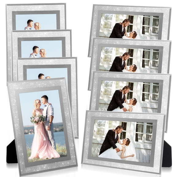 8 Pcs Silver Glitter Photo Frames 4x6 Bulk for Tabletop Display Wedding Birthday Gifts Mirrored Edge