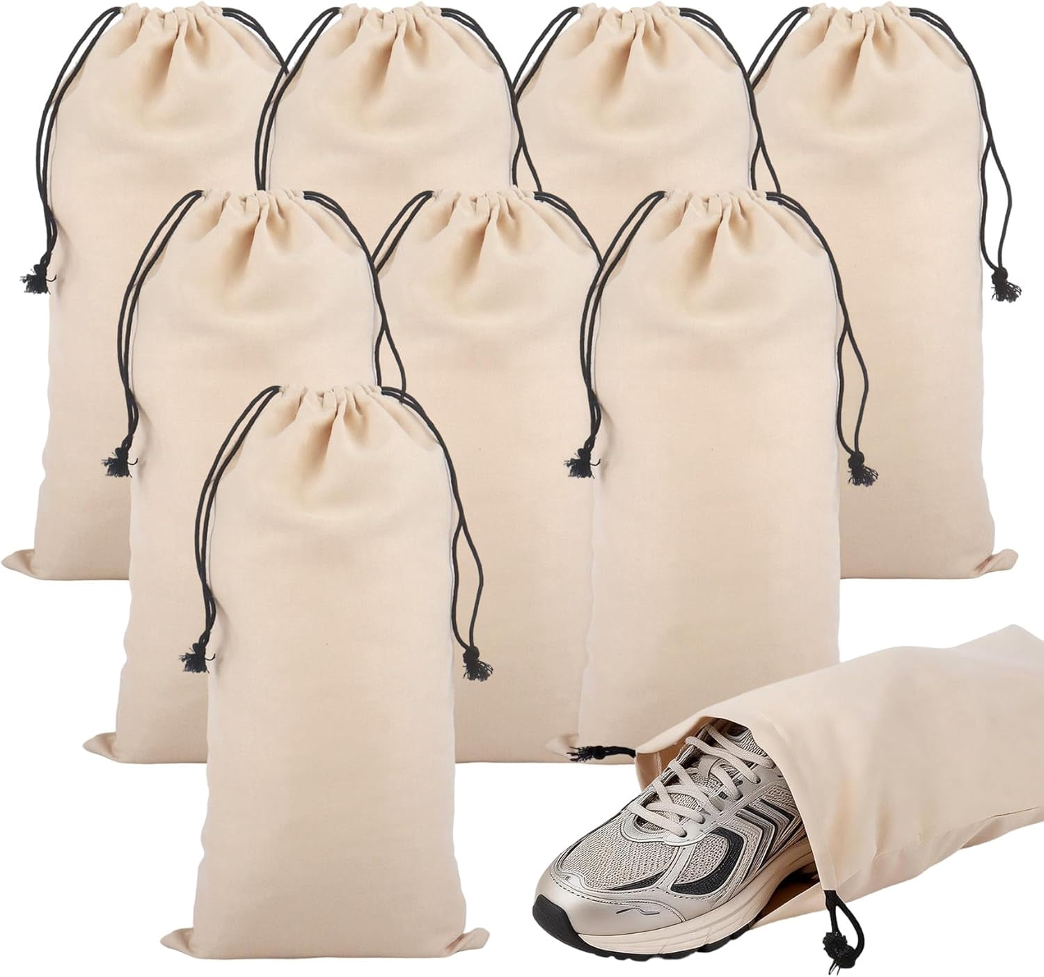 8 Pcs Single Shoe Bags for Travel, 9x18 Inch Suede Fabric Drawstring Shoe Storage Bags, Dust Bags for Packing in Suitcase, Luggage, Home Organization(Khaki)