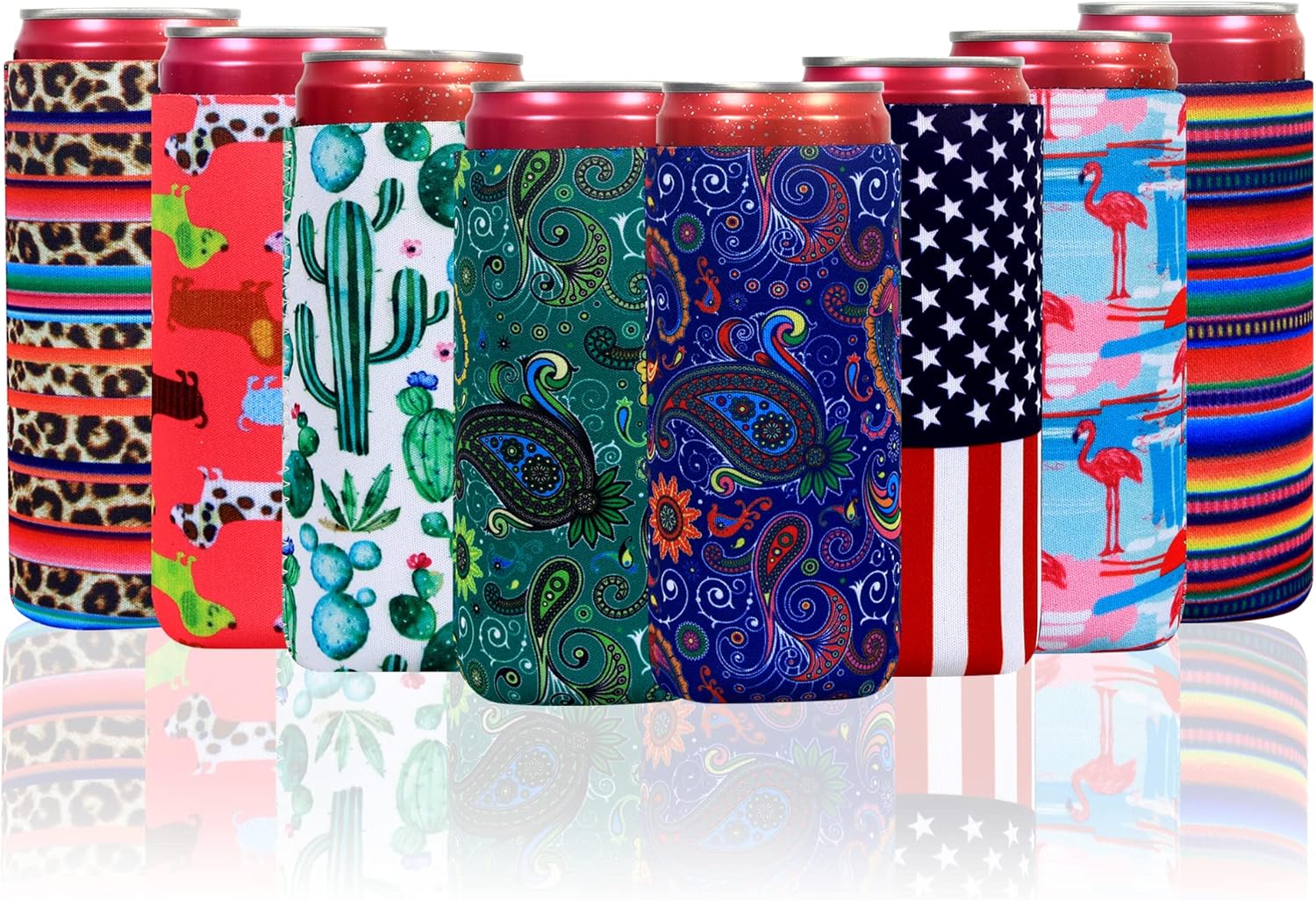 8 Pack Slim Can Coolers - Neoprene Sleeves For 12oz Slim Beer & Soda Cans, Assorted Patterns (Floral, Leopard, Etc.)
