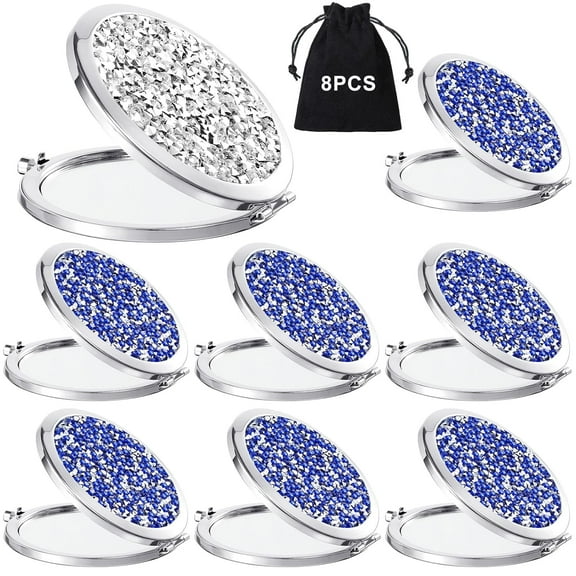 8 Pcs Small Compact Mirror Folding Pocket Makeup Mirror Round Hand Held Mirror Cosmetic Magnifying Compact Mirror Rhinestone Mirror with 1X/2X Magnification for Women Girls Travel(Lovely Colors)