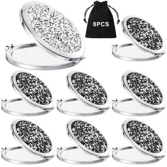 8 Pcs Small Compact Mirror Folding Pocket Makeup Mirror Round Hand Held Mirror Cosmetic Magnifying Compact Mirror Rhinestone Mirror with 1X/2X Magnification for Women Girls Travel(Popular Colors)