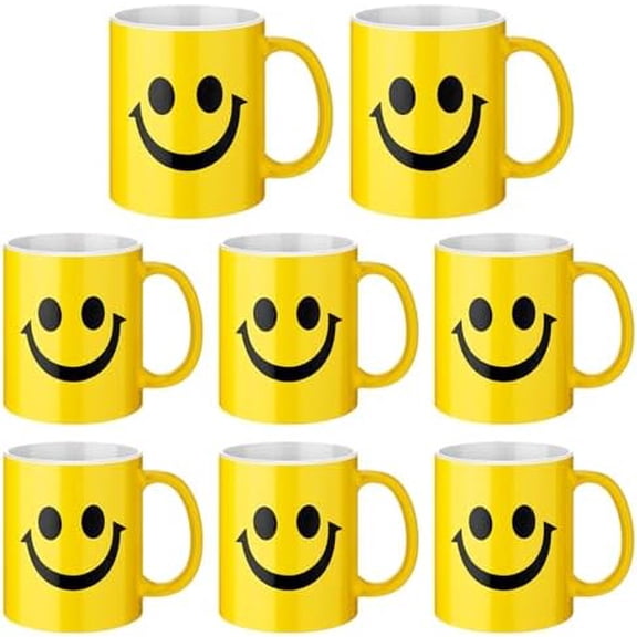 8 Pcs Smile Face Coffee Mugs Bulk 11 oz Ceramic Happy Face Cup Yellow Coffee Mug Birthday Party Gifts Funny Supplies$$Home Decor, Kitchen, & Other