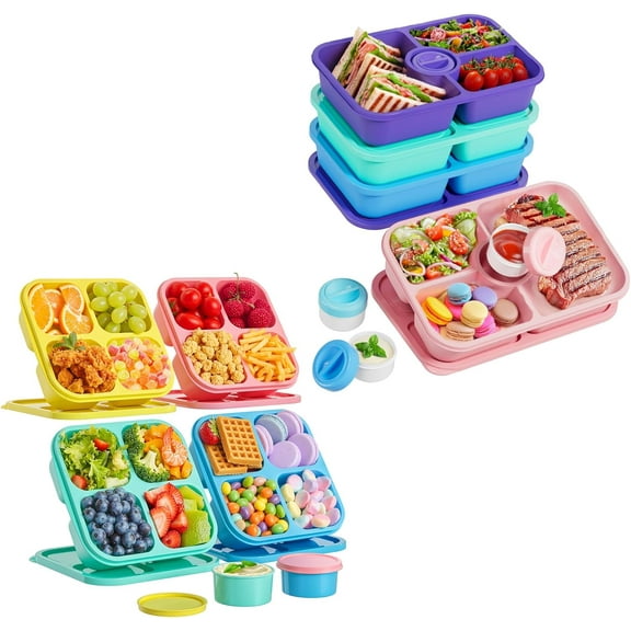 8 Pcs Snack Box Containers Set, Reusable 4 Compartment Lunchable Container with 6 Pcs Sauce
