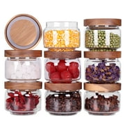 8 Pcs Spice Containers 8.5oz Glass Spice Jars With Acacia Lid and Labels - Stackable Empty Round Spice Canister for Kitchen