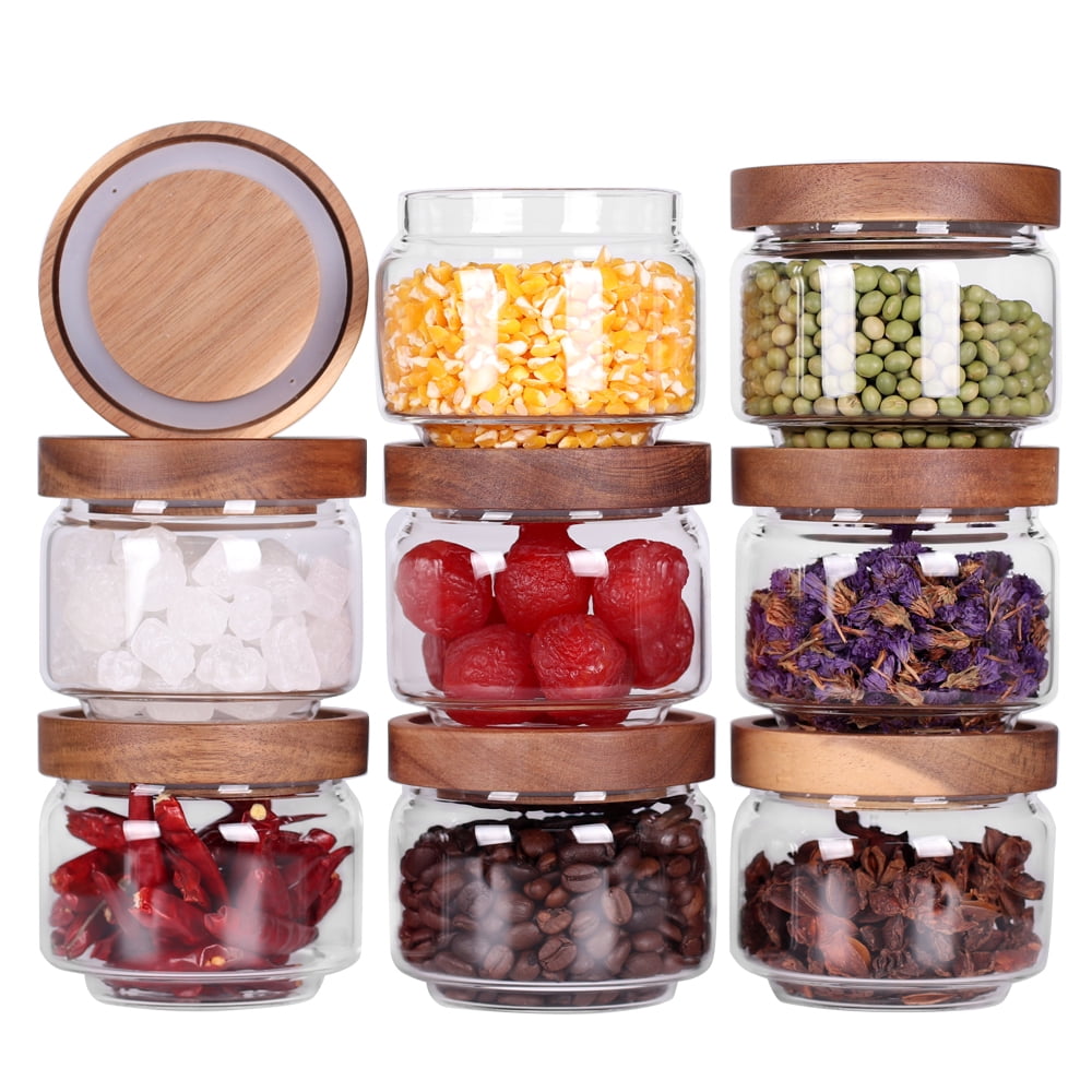 Clear Glass Condiment Round Spice Jars Seasoning Box Wood Lid