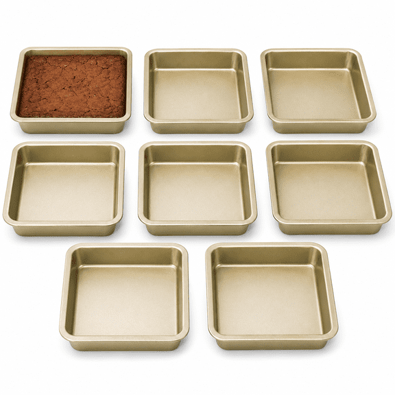 8 Pcs Square Non-Stick Baking Pan Set, Carbon Steel, 8.9x1.8 in|Champagne Gold Finish, Rolled Edges for Safe Handling, Easy Release Non-Stick Coating for Brownies Cornbread Fudge