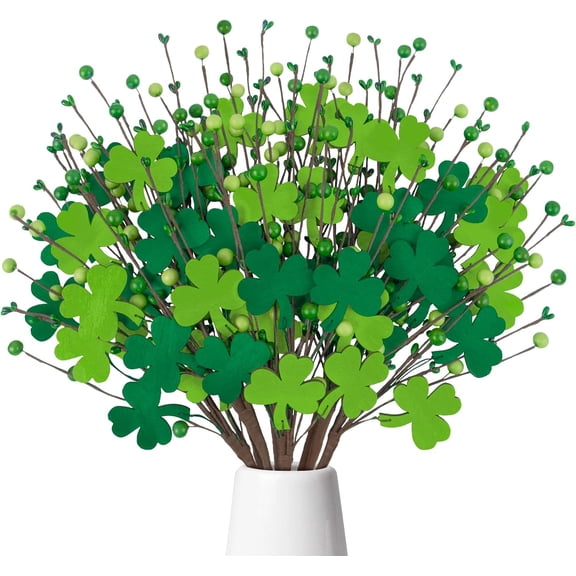 8 Pcs St Patricks Day Decorations 17'' Artificial Shamrock Picks Flowers Green Berry Stems Lucky Clover Floral Branches Gifts for Irish Party Table Centerpieces Home Vase Decor