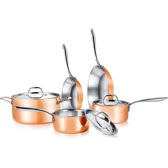 8 Pcs. Stainless Steel Cookware Set - Kitchenware Pots & Pans Set Stylish Kitchen Cookware w/Cast SS Handle, Tri-Ply Authentic Copper, for Saucepan, Casserole, Frying Pan, Lids - NCCW8SS