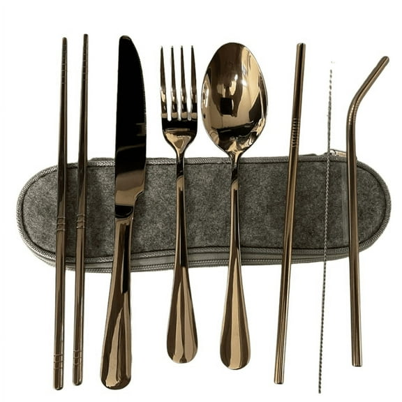 8 Pcs Stainless Steel Cutlery Set, Includes Mirror Finished Knife, Fork and Spoon, 2 Pcs Straws with Cleaning Brush, Portable Travel Flatware Cutlery Set - Silver