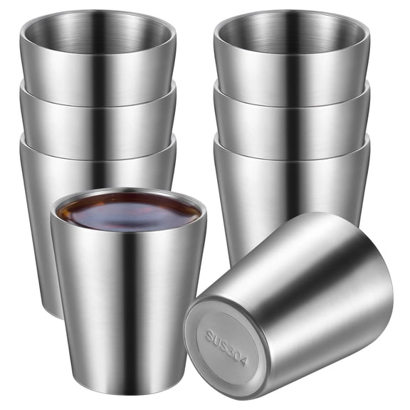 8 Pcs Stainless Steel Insulated Cups, 201 Brushed Steel Tumblers, Double Wall Vacuum Drinking Cups, Rust-resistant and Stackable, Sleek Reusable Camping Mugs, 8.8 oz