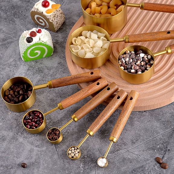 8 Pcs Stainless Steel Measuring Cups & Spoons Set With Wooden Handles - Elegant! YIWEI