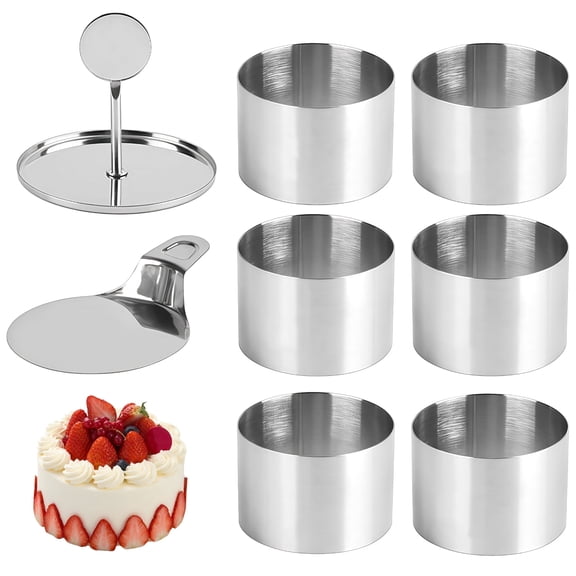 8 Pcs Stainless Steel Round Cake Ring Mold,Round Thickened Mousse Molds for Baking,Includes 6 Molds,1 Press Plate,and 1 Tray,Ideal for Mini Cheesecakes and Layered Cakes