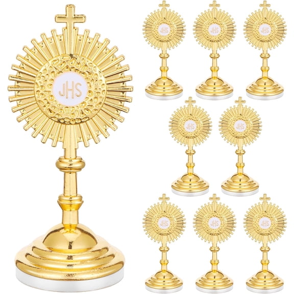 8 Pcs Standing Crucifix Mini Gold Cross with Base Metal Blessed Sacrament Catholic Monstrance 3.2" Jesus Christ Catholic Gift J-hs Cross Mini Table Decor for First Communion