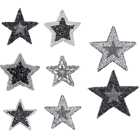 8 Pcs Star Shape Rhinestone Applique Iron/Sew on Applique Patch Black Star Glitter Diamond Applique for Bags Hats Shirts Clothing DIY Projects