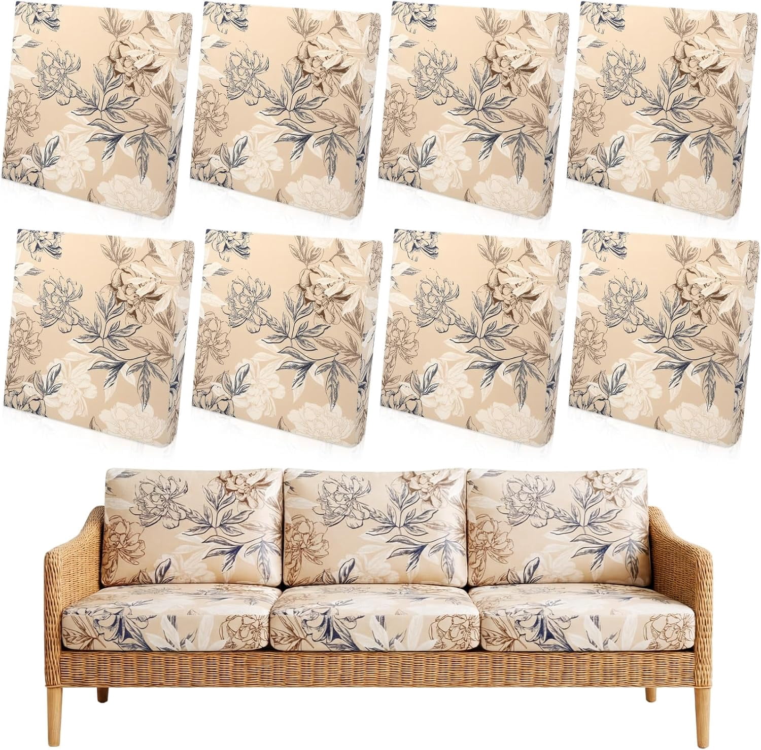 8 Pcs Stretch Printed Sofa Cushion Covers Outdoor Floral Couch Covers Replacement Outdoor Couch and Sofa Slipcovers, for Patio Furniture Cushion Washable Reusable Furniture Protector(Classic)