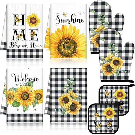 8 Pcs Sunflower Checkered Kitchen Towels and Dishcloths Sets Oven Mitts and Pot Holders Sets Absorbent Kitchen Gloves Potholders Heat Resistant for Chef Baking Cooking