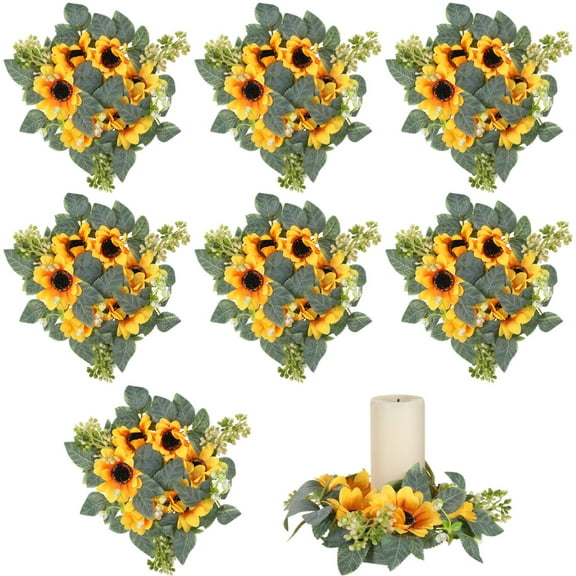 8 Pcs Sunflower Wreaths, Artificial Sunflower Candle Rings, 9.8" Floral Wreaths for Table Centerpieces, Realistic Silk Flowers for Spring and Summer Decor