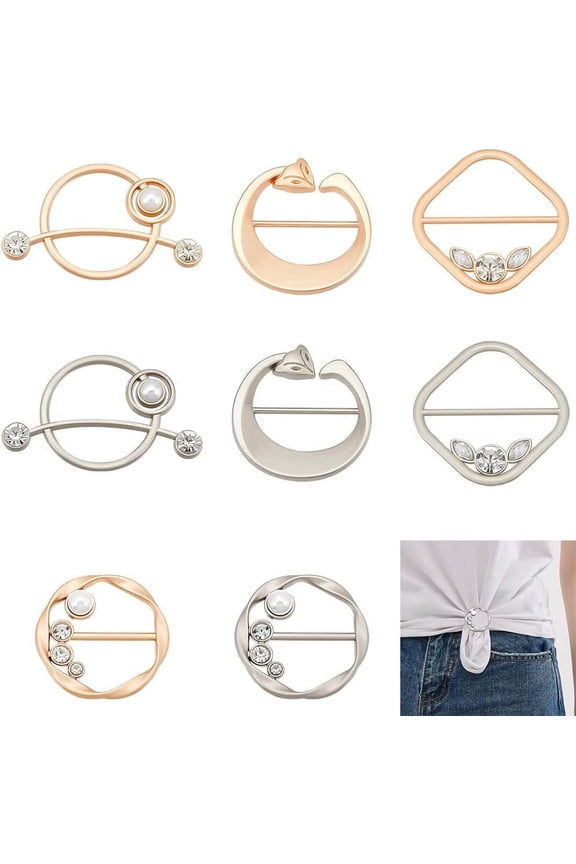 8 Pcs T-Shirt Clips for Women Silk Scarf Clasp Clip Round Clothes Clips Buckle Tie Rings with Pearl and Rhinestone Circle Clip Waist Buckle for Clothing Wrap Holder Corner Knotted Button