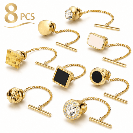 8 Pcs Tacks for Men Regular Ties Necktie 14K Gold Plated Pins With Chain for Wedding Business Anniversary