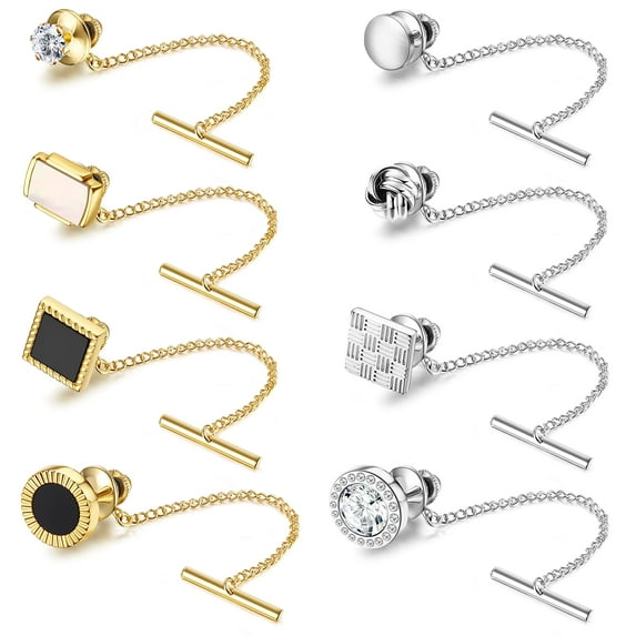 8 Pcs Tacks for Men Regular Ties Necktie 14K Gold Plated Pins With Chain for Wedding Business Anniversary