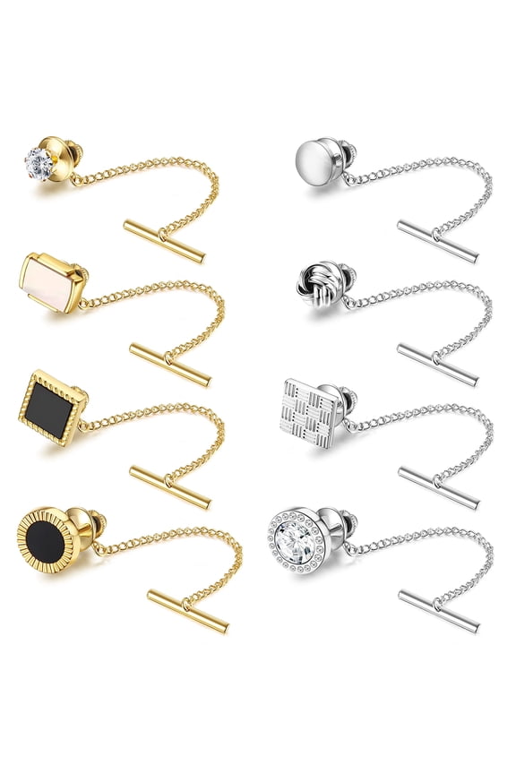 8 Pcs Tacks for Men Regular Ties Necktie 14K Gold Plated Pins With Chain for Wedding Business Anniversary
