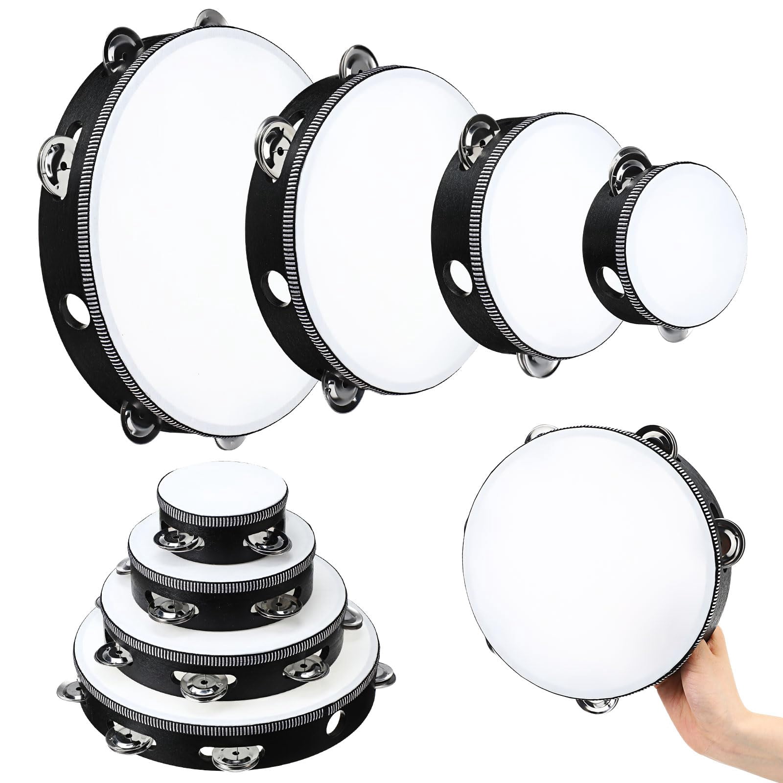 8 Pcs Tambourine For Adults Handheld Wood 4 Size Single Row Metal Jingles Musical Educational Gift Rhythm Percussion Instrument Church Party Ktv(black)