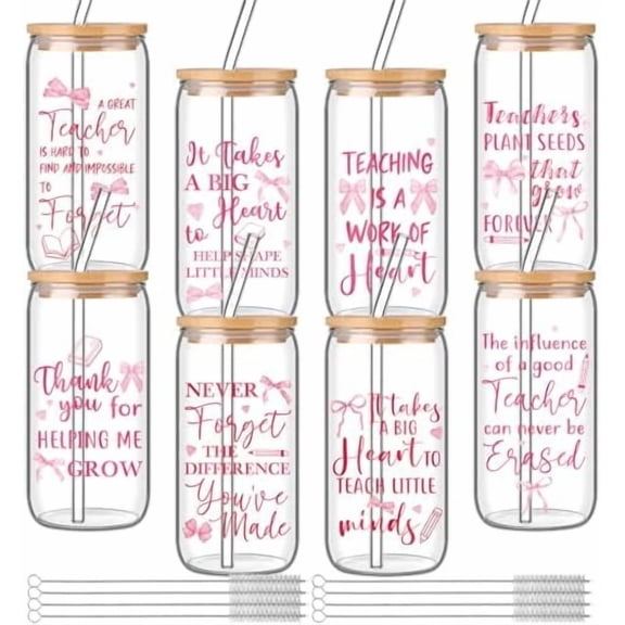 8 Pcs Teacher Appreciation Gifts for Women 16 oz Glass Cups Tumblers Thank You Teacher Gifts with Bamboo Lids Straws Brushes Clear Coffee Drinking Cup for Birthday Party Favors