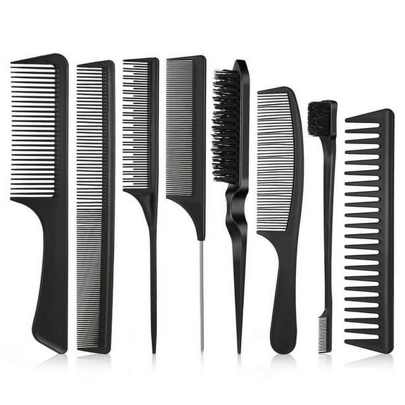 8 Pcs Teasing Brush Set Edge Brush Comb with Hair Clips Grooming Hair Styling Comb Teasing Dual Edges Hair Brush Triple Teasing Comb Sturdy Rat Tail Comb for Women Girls Kids Hair Stylists (Black)