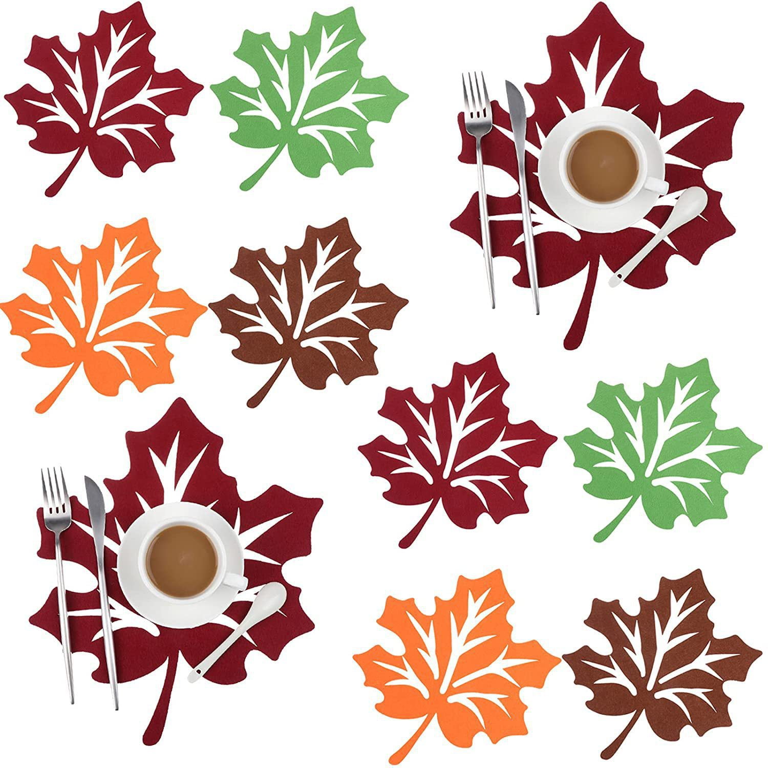 8 Pcs Thanksgiving Placemats 13" Fall Maple Leaf Placemats Felt NonSlip Heat Resistant Autumn