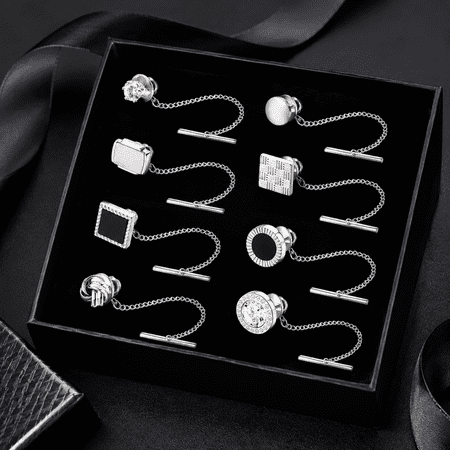 8 Pcs Tie Tacks for Men - Golden and Silver Plated Copper Tie Tack Pins with Chains, Stylish Tie Pins for Men, Tie Chain for Men, Suitable for Business, Wedding, Anniversary and Formal Events