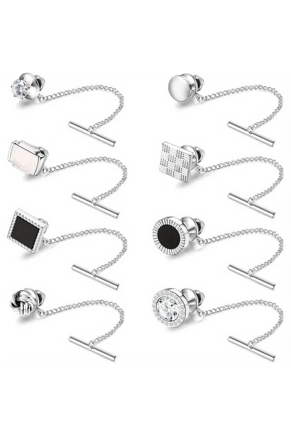 8 Pcs Tie Tacks for Men - Golden and Silver Plated Copper Tie Tack Pins with Chains, Stylish Tie Pins for Men, Tie Chain for Men, Suitable for Business, Wedding, Anniversary and Formal Events