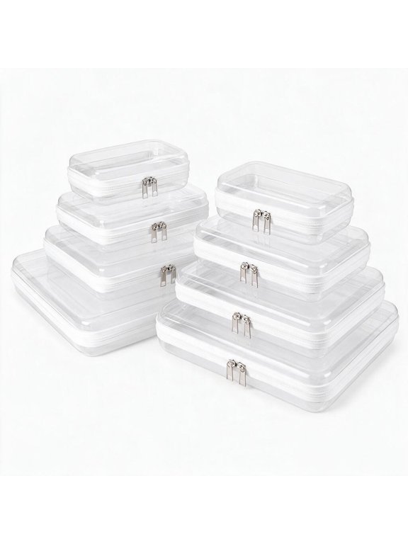 8-Pcs Transparent Hard Shell Zipper Box, Fits Multiple Sizes, Hard Plastic Zipper Storage Case, Portable Travel Organizer Box
