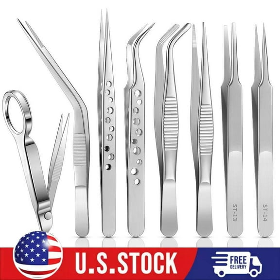 8 Pcs Tweezers Set Stainless Steel Tweezers Forceps with Magnifying Glass Craft