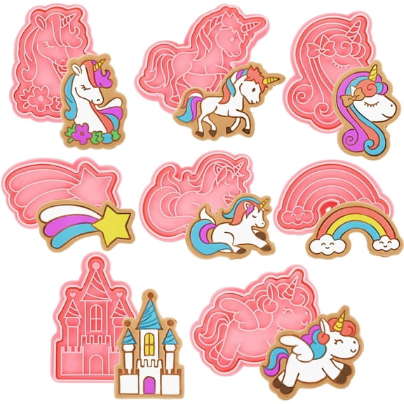 8 Pcs Unicorn Cookie Cutters with Plunger Stamps Set Rainbow Cookie Cutters Unicorn Cracker Mold Pink Cookie Stamped Embossed Kitchen Bakeware Tool for Biscuit Fondant Party Supply