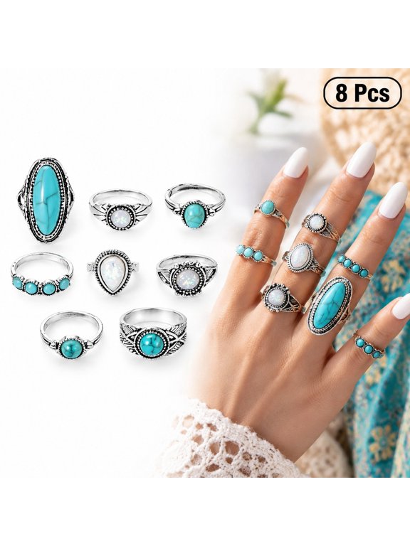 8 Pcs Vintage Alloy Rings Set, Simulated Turquoise Feather Pattern Boho Fashion Jewelry