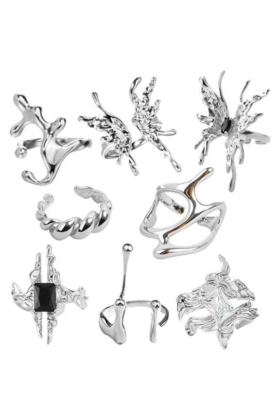 8 Pcs Vintage Chunky Silver Rings Set, Adjustable Non-Tarnish Y2K Stacking Rings for Women, Goth Grunge Boho Aesthetic Jewelry Gift