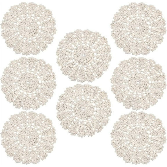 8 Pcs Vintage Cloth Lace Placemats Crochet Flower Coaster Cornsilk Round Dolies Beige Vintage Handmade Lace Table Mat Macrame Placemats DIY