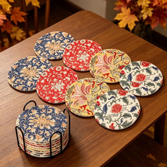 8 Pcs Vintage Floral Linen Coasters with Metal Storage Holder,Heat Resistant Absorbent Non-Slip Cup Mats for Mugs,Cups,Kitchen,Dining Table,Home Decor