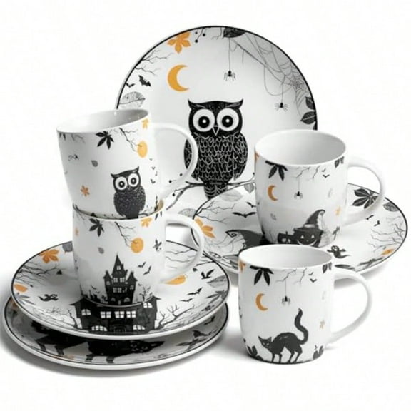 8 Pcs Vintage Halloween Ceramic Dinnerware Set 8 Inch Gothic Plates and 11 oz Mugs Halloween Haunted Owl Pumpkin Cat Dessert Plates and Mugs for Indoor Outdoor Party Kitchenware Gift
