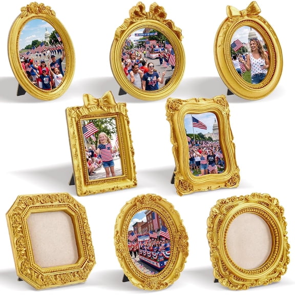 8 Pcs Vintage Picture Frames Set Gold Tiny Picture Frames Wallet Size Baroque Antique Resin Photo Decor for Valentines Day Wedding Party Tabletop Home Decor(Mixed Style 1)
