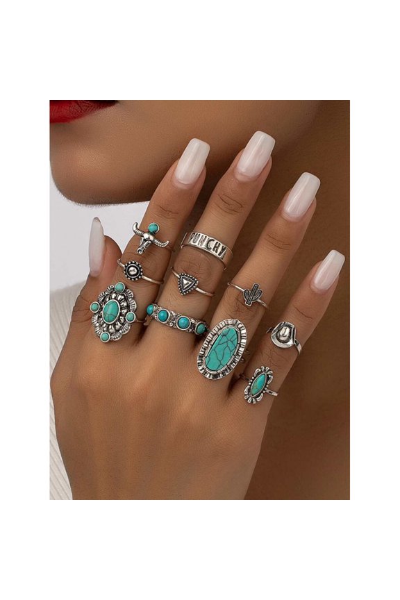 8 Pcs Western Turquoise Jewelry Cactus Sunburst Detail Rings Set In Antique Silver For Women