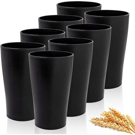 8 Pcs Wheat Straw Cups 16 oz Unbreakable Drinking Cup Reusable Plastic Water Cup Set Large Cups Stackable Tumblers for Kitchen Party Dishwasher Safe Plastic Glasses(Black)