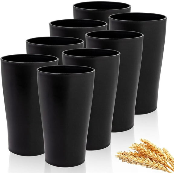 8 Pcs Wheat Straw Cups 16 oz Unbreakable Drinking Cup Reusable Plastic Water Cup Set Large Cups Stackable Tumblers for Kitchen Party Dishwasher Safe Plastic Glasses(Black)