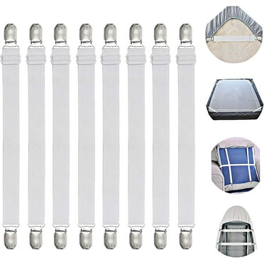 8 Pcs White Adjustable from 7.9" to 23" Bed Sheet Straps Suspenders Elastic Sheet Fasteners Grippers Garters Clips for Flat&Fitted Sheet Corner Holder,Ironing Board Cover, Mattress