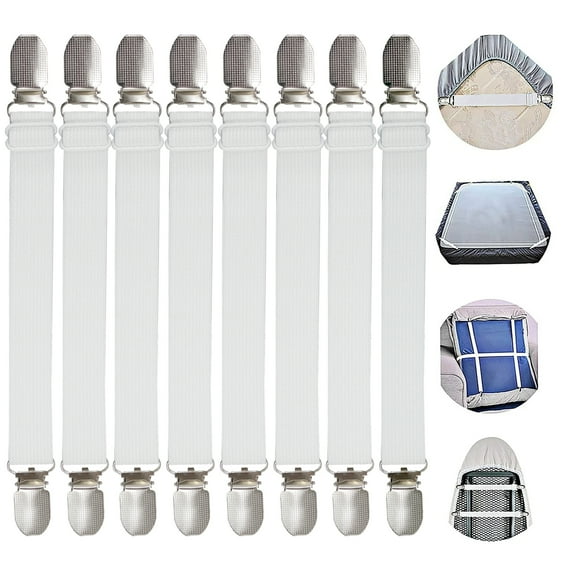 8 Pcs White Adjustable from 7.9" to 23" Bed Sheet Straps Suspenders Elastic Sheet Fasteners Grippers Garters Clips for Flat&Fitted Sheet Corner Holder,Ironing Board Cover, Mattress
