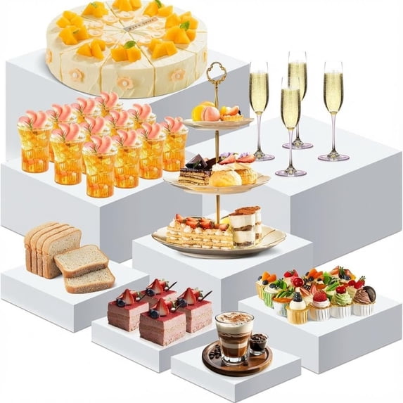 8 Pcs White Buffet Risers Set (Size 5",6",7",8",9",10",11",12"),Food Risers for Buffet Table,Display Stand Shelf for Party Catering Dessert Collectibles Acrylic Cube Boxes Display with Hollow Bottoms