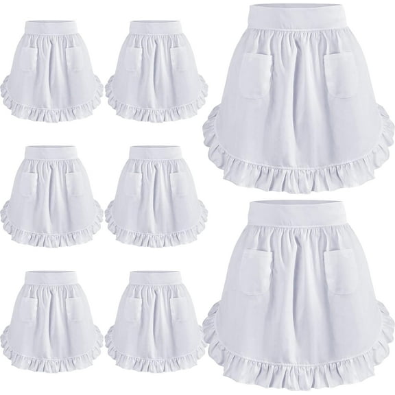 8 Pcs White Waist Apron for Women Half Retro Maid Aprons Ruffles Cute Pinafore with 2 Pockets for Halloween Waitress Servant Cosplay Costume